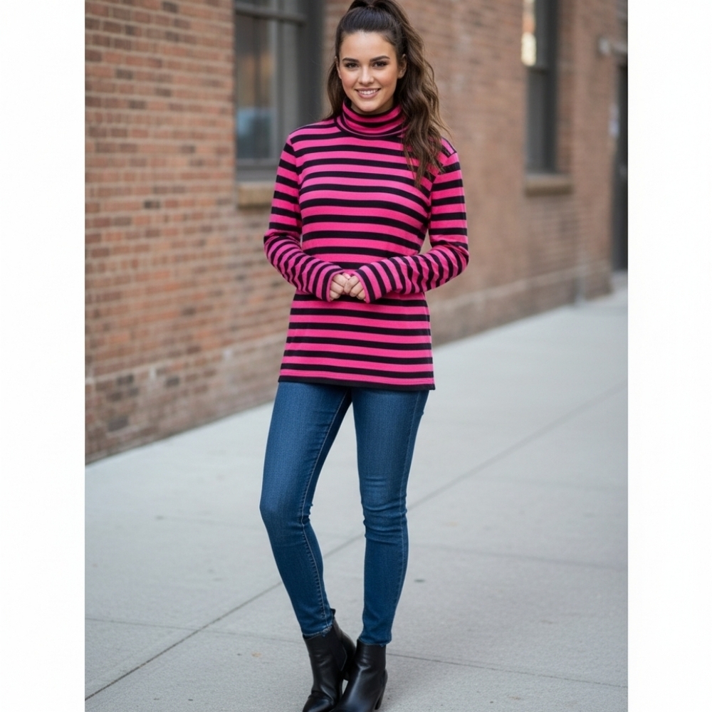LOVE Candy Couture Pink Black Striped Turtleneck Top Womens XL